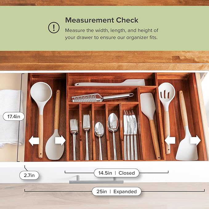 KitchenEdge Silverware & Utensil Drawer Organizer, 14.5-25 in, Acacia