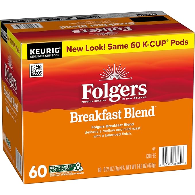 Folgers Breakfast Blend Coffee, Mild Roast, Keurig K-Cup Pods, 60 Count