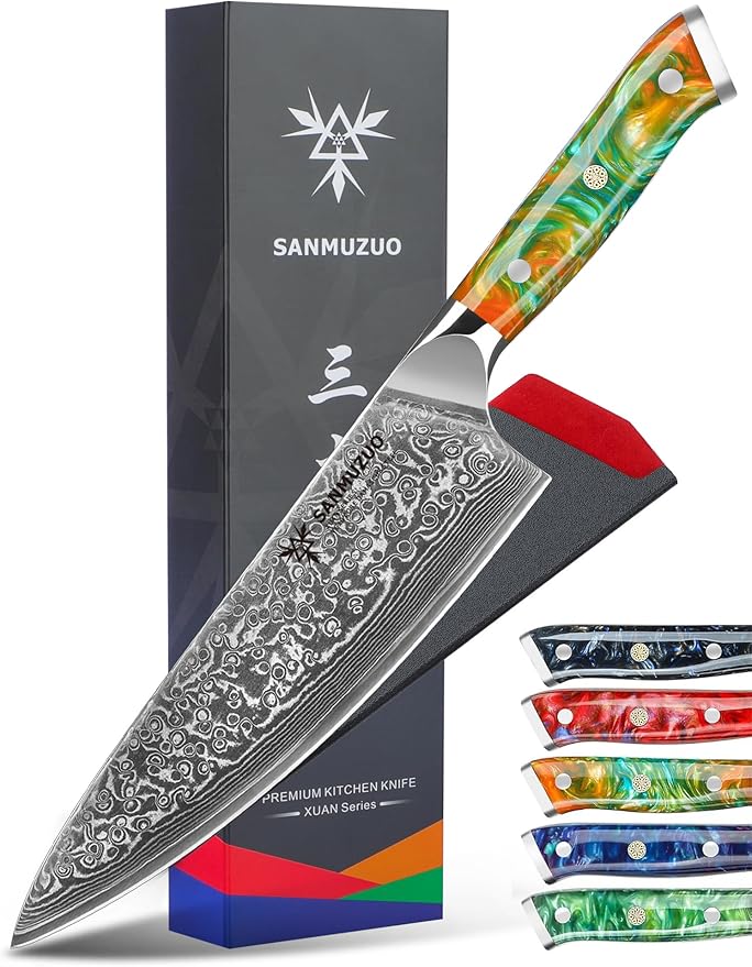 SANMUZUO Chef Knife - 8 inch - Xuan Series - VG10 Damascus Steel Kitchen Knife - Resin Handle (Fantasy Orange)