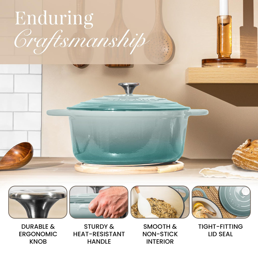 Nuovva Enamelled Cast Iron Dutch Oven Pot with Lid 6.4 Quart Non Stick Casserole Pot-Heavy Duty & Oven Safe up to 500° F for Bread Baking, Braising, Stews, Roasting - 28cm Sea Salt