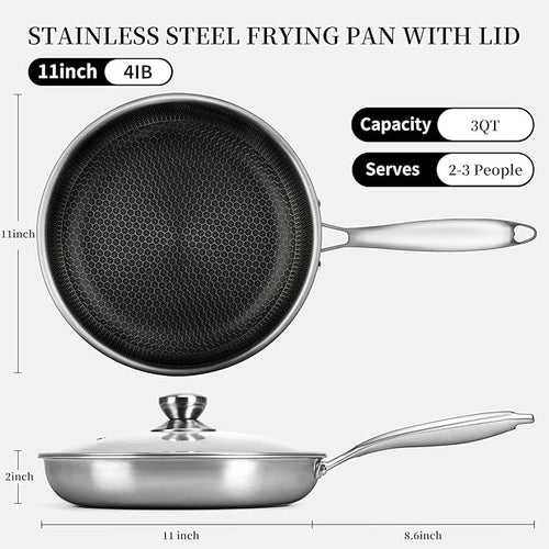 11" Stainless Steel Frying Pan with Lid, Honeycomb Nonstick Frying Pan