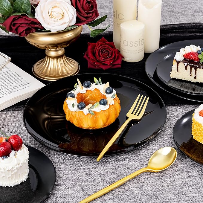 PULOTE 200PCS Black Plastic Plates - Heavy Duty Black Disposable Include 100 Each (10 inch Dinner & 7 inch Dessert) Plates, Disposable for Party, Birthday & Graduation