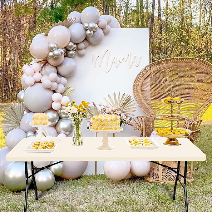 REWOMC 6 Pack Stretch Fabric Table Top Cap Cover, fits 6' Tables, Spandex Table Covers Washable Elastic Rectangle Tablecloth Protector for Indoor Outdoor Party Picnic Wedding, Ivory, 30" W x 72" L