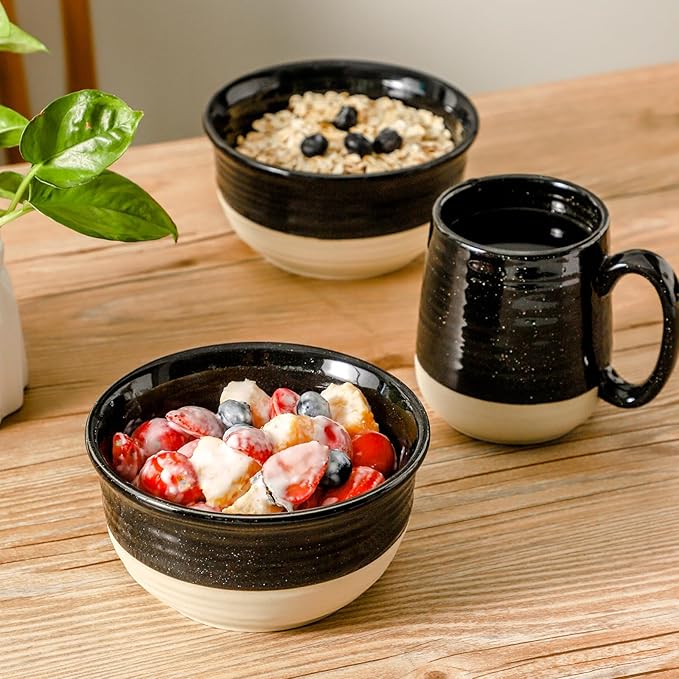 HASENSE Ceramic Cereal & Soup Bowls Set of 6, 20 Oz Black & Beige Stackable Stoneware Bowls, Farmhouse Bowls for Ramen, Salad, Oatmeal & Rice, Dishwasher & Microwave Safe