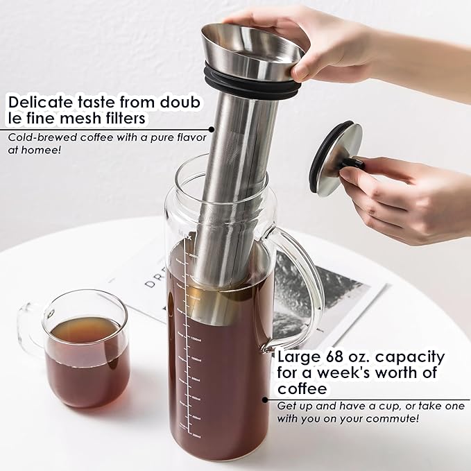 Aquach 68oz Cold Brew Coffee Maker, Extra Tall Glass Pitcher for Iced Tea