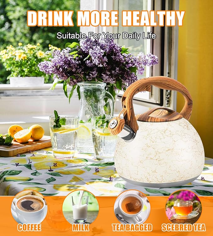 Foedo 3.2Qt Stainless Steel Whistling Tea Kettle Stovetop, Off-white
