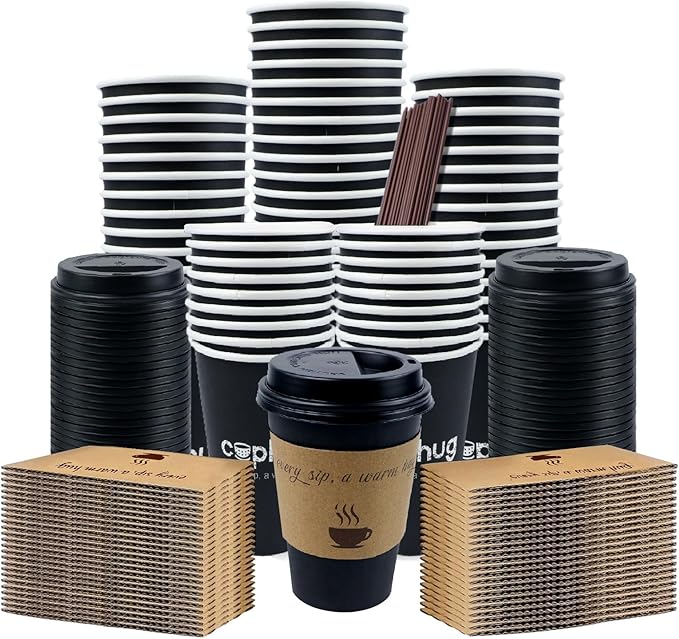 cuphug 12 oz Disposable Coffee Cups with Lids, Sleeves and Straws 100Pack, Thickened Leak-Proof Insulated Paper Cups for Hot Drinks, Home, Office, Cafe, Party