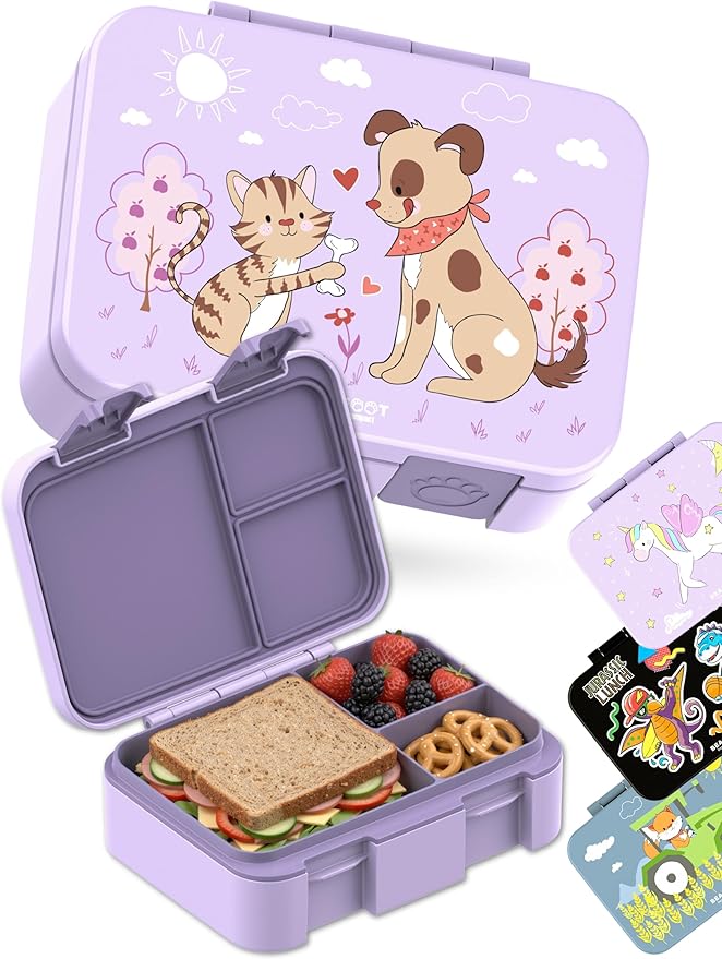 BEARFOOT Kids Lunch Box with Compartments – Compact & Lightweight | Leak-Proof, BPA-Free, Dishwasher Safe | Hand-Drawn Design for Preschool, School, Travel (Dog & Cat Purple, 2.75 Cups)