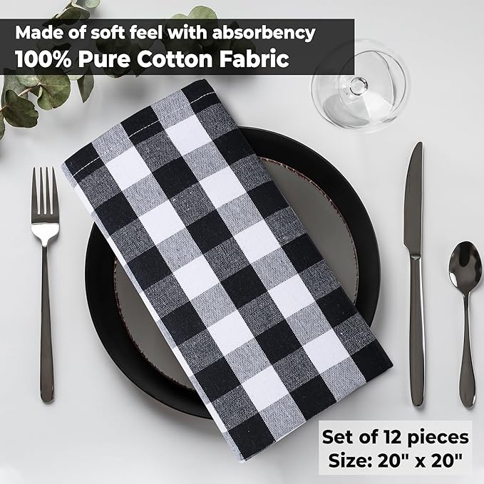 Urban Villa Cloth Napkins Cotton 20x20 (Set of 12) Black Cheks