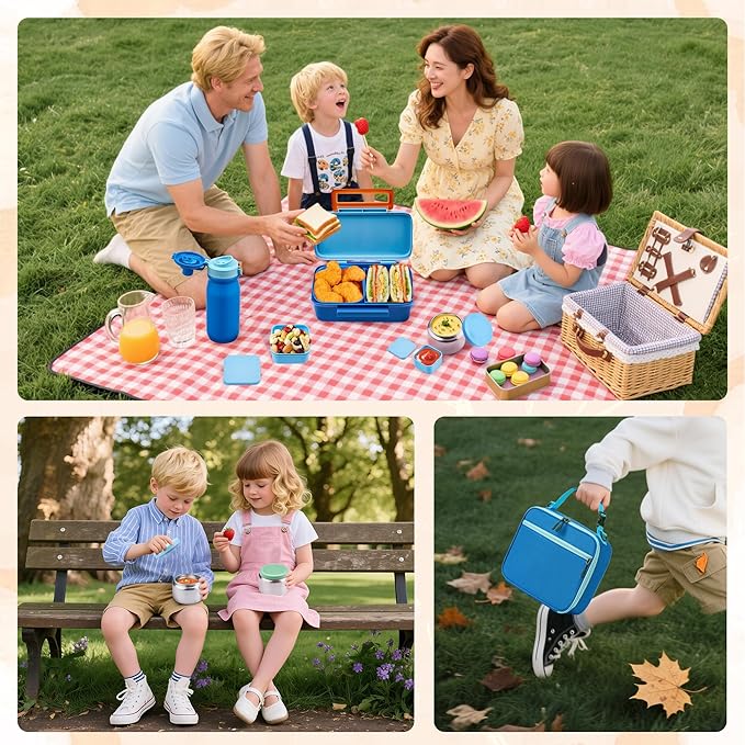 JXXM Bento Lunch Box for Kids With 8oz Thermo, Leakproof Bento Box with with 2 Compartments, Insulated Bottle, Lunch Bag, BPA Free Dishwasher Safe for School Girls Boys (Blue)
