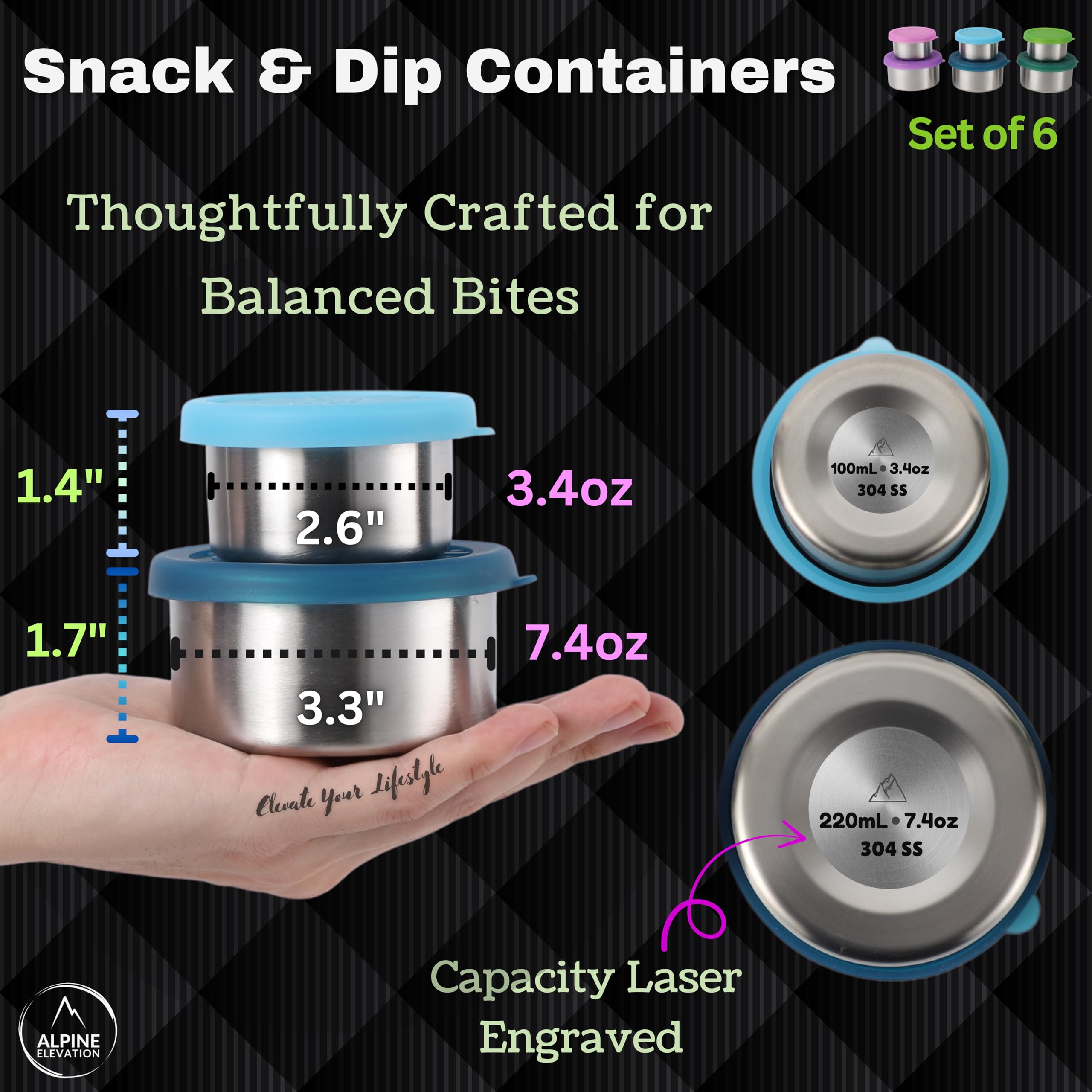 Alpine Elevation 12-Piece Stainless Steel Snack Dip Condiment Containers Set | 3 x 7.4 oz and 3 x 3.4 oz with Silicone Lids | Reusable Leakproof Food Storage Containers for Lunch Meal Prep and Travel