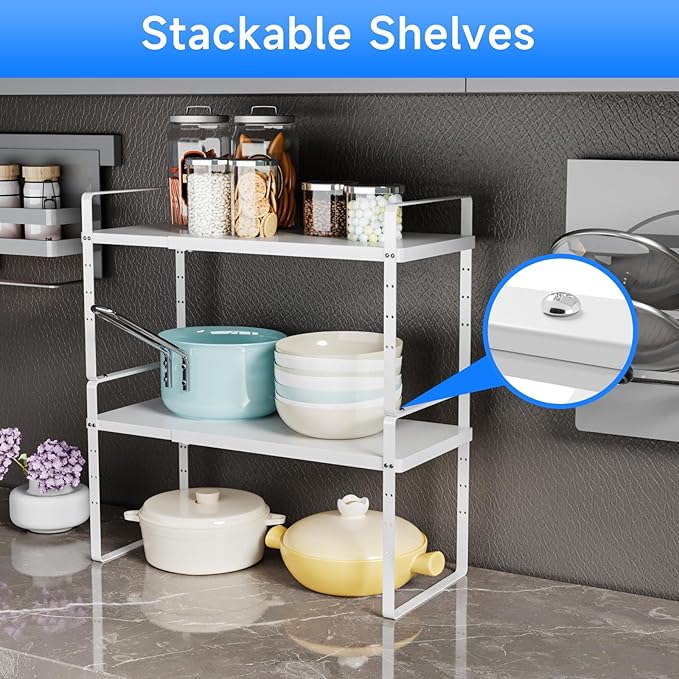 KIKIBRO Expandable Cabinet Shelf Organizer, Stackable Kitchen Pantry Counter Storage, Adjustable Closet Cupboard Stand Rack Risers Spice Organization 80LBS Heavy Duty White Large 2 Pack
