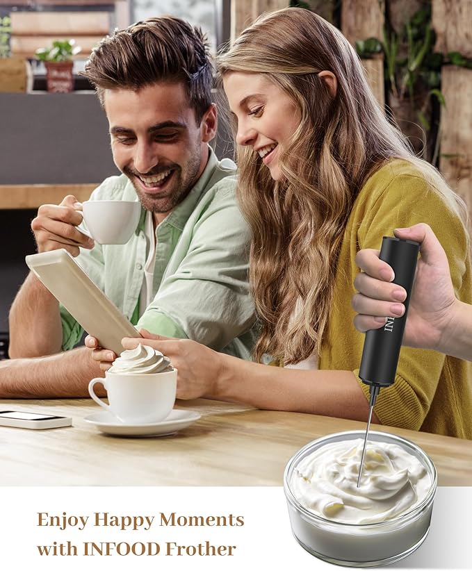 INFOOD Rechargeable Milk Frother with Cover, 2-Speed, 2 Whisks, Black