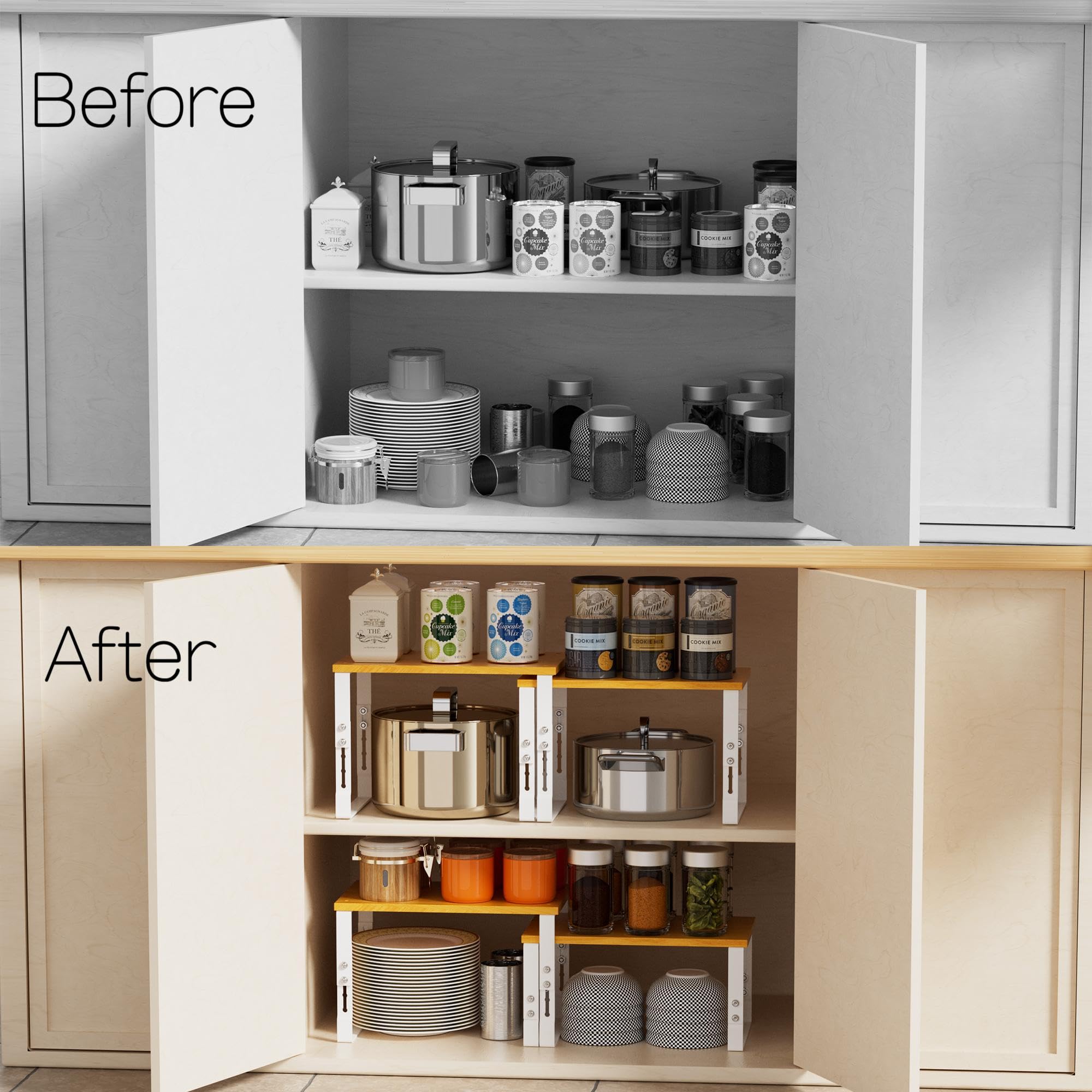 Adjustable Storage Shelves for Kitchen Cabinet Organization - Set of 2 Stackable Metal & Solid Wood Racks, Space-Saving Design for Countertop/Pantry/Garage, Easy Assembly(2 Packs/Medium/White)