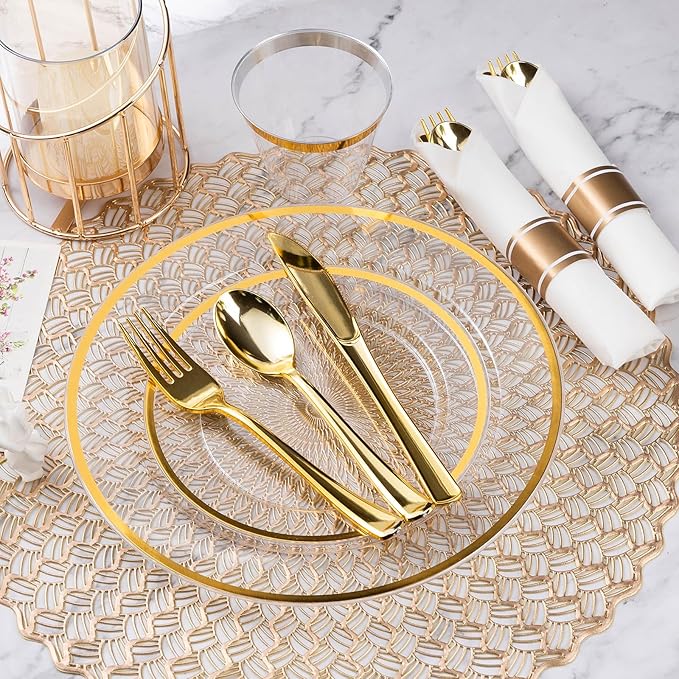 Goodluck 350 Piece Clear Gold Disposable Plastic Dinnerware Sets for Party