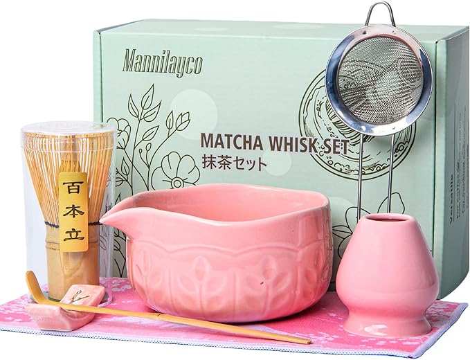 Matcha Whisk Bowl Set, 7PCS Japanese Matcha Kit with Spout Bowl (Pink) Bamboo Whisk Stand Scoop Sifter Accessories for Tea Ceremony Latte, Gifts for Family,Friends