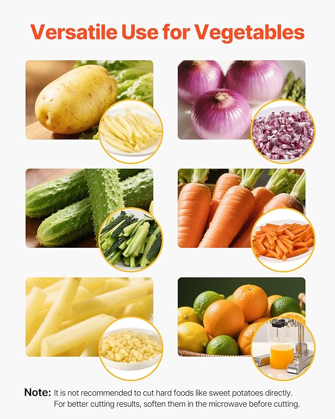 VEVOR French Fry Cutter, Ergonomic Potato Slicer with 3 Blades (1/2", 3/8", 1/4") & Juicer Plate, Easy-Replace Vegetable Chopper Dicer for Carrot, Onion, Lemon, Ideal for Home & Commercial Kitchens