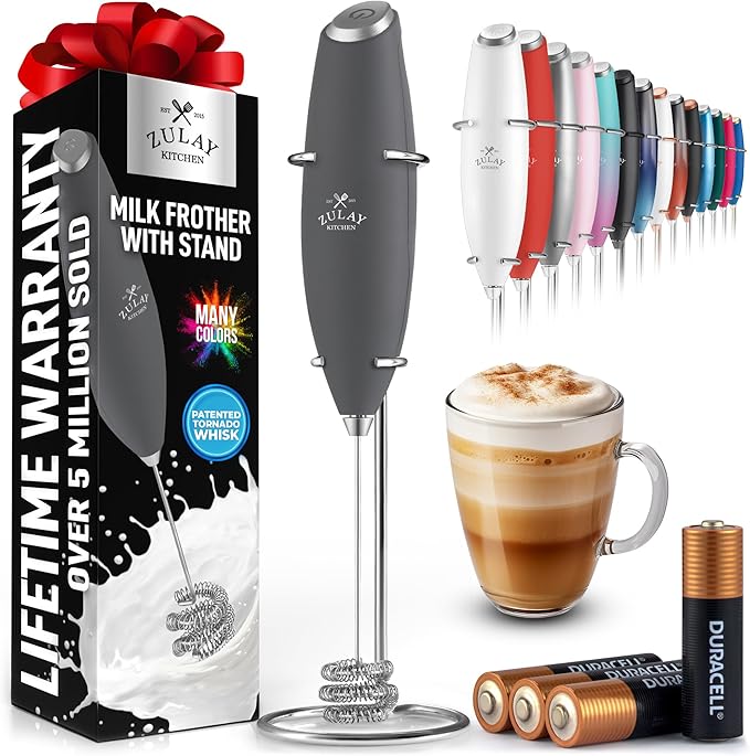 Zulay Kitchen Powerful Milk Frother Wand With Duracell Batteries - Ultra Fast Handheld Drink Mixer - Electric Whisk Foam Maker for Coffee, Lattes, Cappuccino & Matcha - Triple Whisk - Onyx Slate