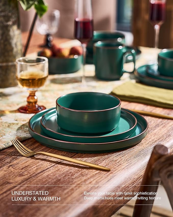 Famiware Nebula Ridge 12-Piece Stoneware Dinnerware Set, Dark Green