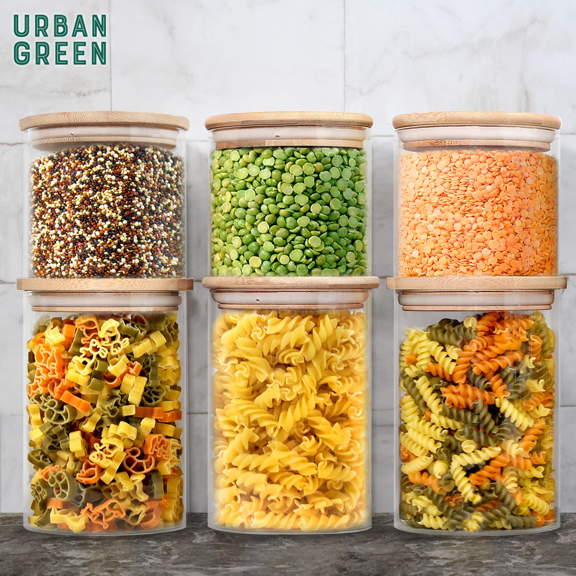 Urban Green Glass Jars with Airtight Lids, Airtight Glass Canisters with Locking Lids, (Bamboo-20oz-30oz)