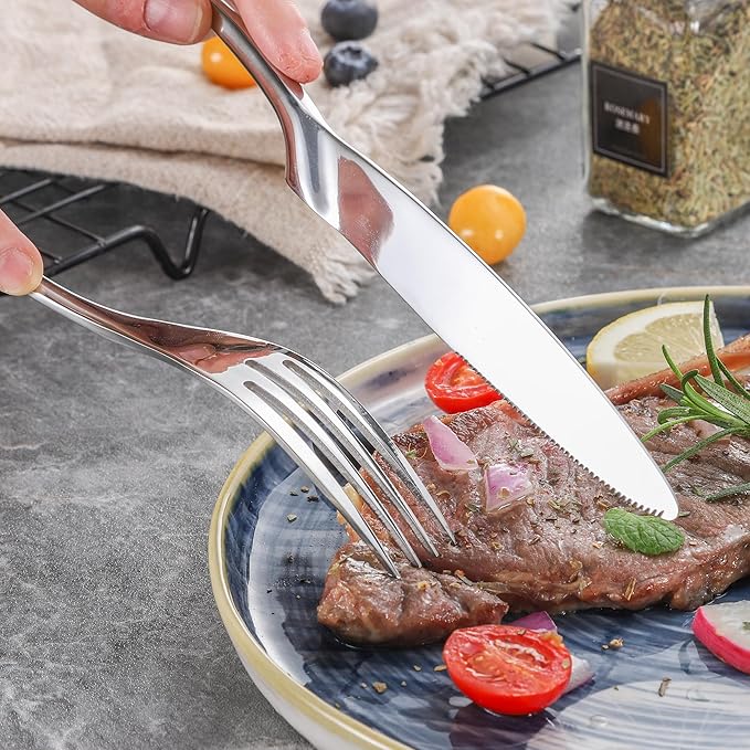 Lemeya 20 Pieces Silverware Set for 4,Heavy Duty 18/10 Stainless Steel Flatware Set with Forged Stand Knives,Modern Cutlery Utensil Set,Mirror Polished,Dishwasher Safe