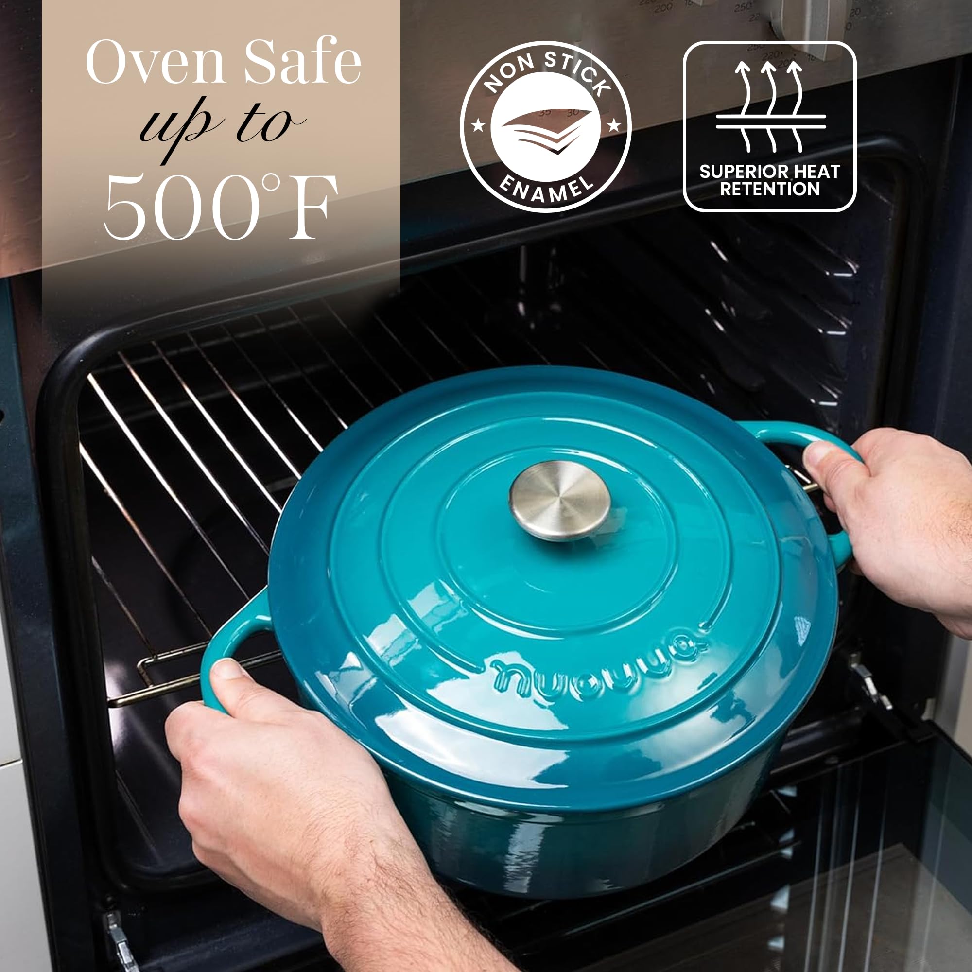 Cast Iron Dutch Oven with Lid - Non-Stick Ovenproof Enamelled Casserole Pot - Sturdy Dutch Oven Cookware - Teal, 5- Quart, 24cm- by Nuovva