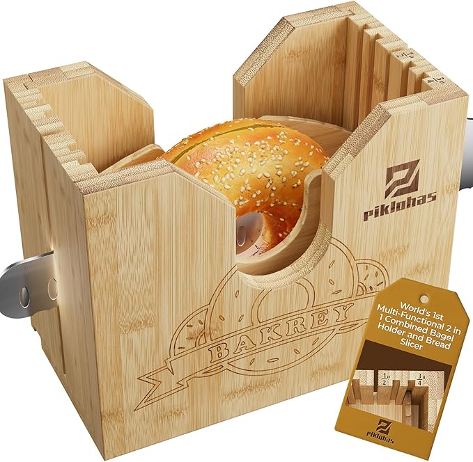 Piklohas 2026 Bagel Slicer, Bamboo Bread Slicer for Small and Large Bagels