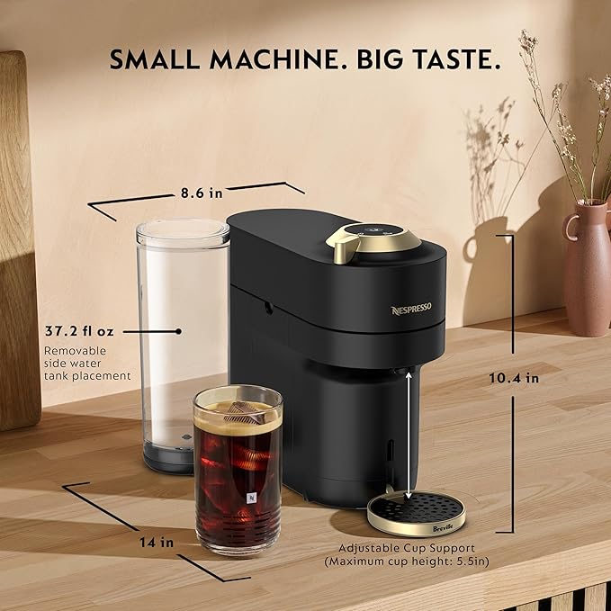 Nespresso Vertuo Pop+ Deluxe Coffee Machine with Frother, Matte Black Gold