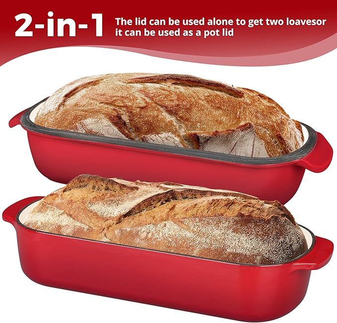 EDGING CASTING Enameled Cast Iron Loaf Pan with Lid, Bread pan, Dutch Oven Bread pan for Homemade Sourdough Bread Baking, 12.5x5.5 inch, 5qt, Red