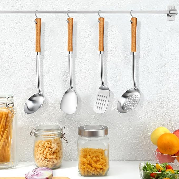 Pleafind 4-Pcs Cooking Utensils Set, Stainless Steel Kitchen Utensils with Wooden Handle, Kitchen Essentials Set Include Wok Ladle, Slotted Spoon, Wok Spatula and Slotted Spatula, Dishwasher Safe
