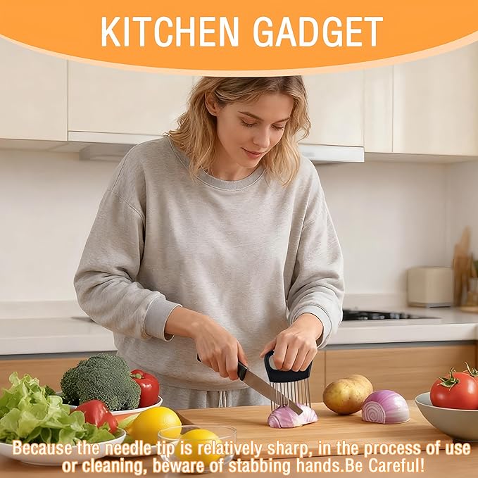 Onion Holder for Slicing,1PCS Stainless Steel Onion Slicer Holder,Onions Cutter,Vegetable Chopper,Lemon Slicer,Food Slicer Assistant Tool for Tomato,Potato,Avocados,Eggs,Fruit and Meat,Kitchen Gadgets