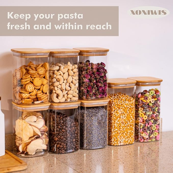 Xoniwis 3-Pack 1.6Qt Square Glass Storage Jars with Bamboo Lids