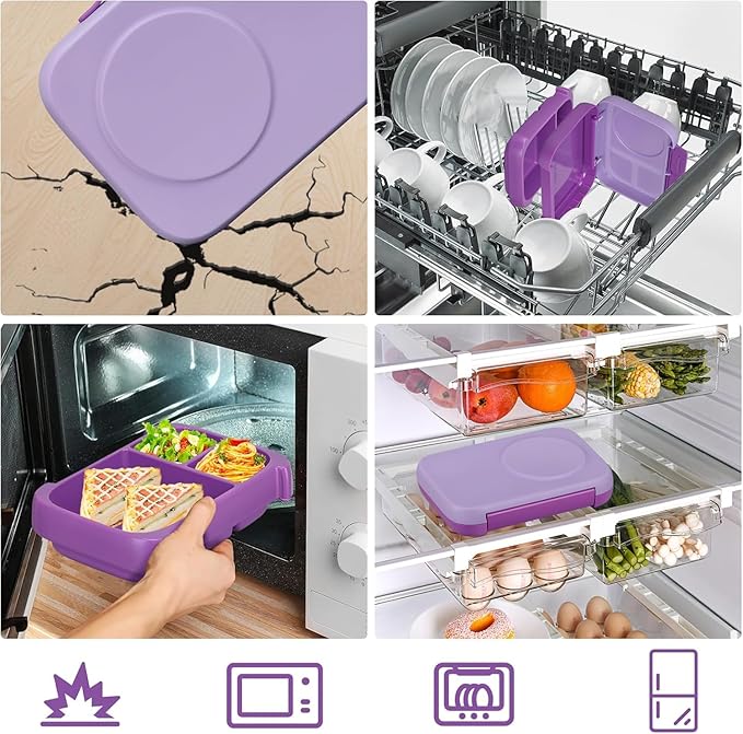 JXXM Bento Box for Kids,Kids Bento Lunch Box with Built-in Ice Pack for School,3 Compartments Leak Proof Lunch Container with Utensils for Girl Boy;BPA Free,Microwave & Dishwasher Safe, 44oz(Purple)