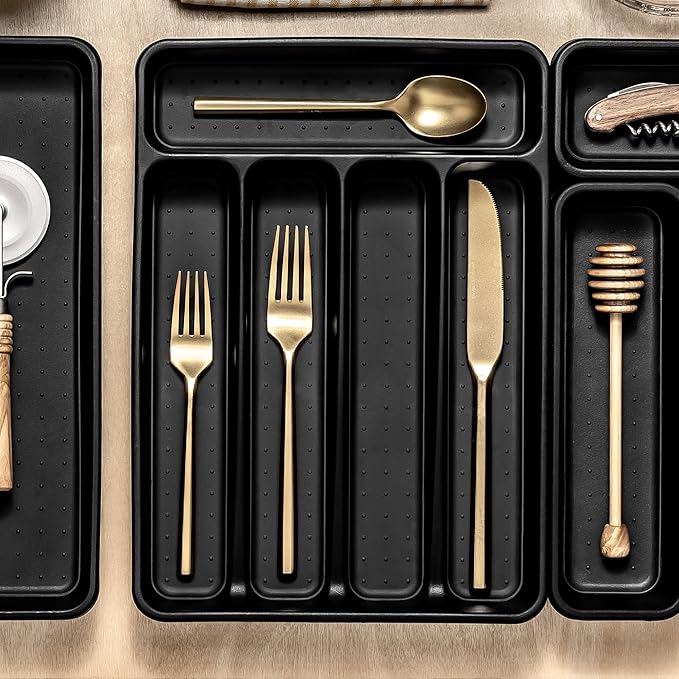madesmart Classic 5 Compartment Compact Silverware Tray, Carbon
