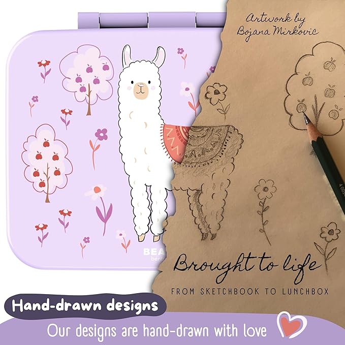 BEARFOOT Kids Lunch Box with Compartments – Compact & Lightweight | Leak-Proof, BPA-Free, Dishwasher Safe | Hand-Drawn Design for Preschool, School, Travel (Llama Purple, 2.75 Cups)