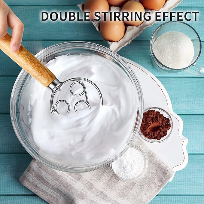 TEEVEA Danish Dough Whisk Wooden Handle Stainless Steel for Sourdough Bread