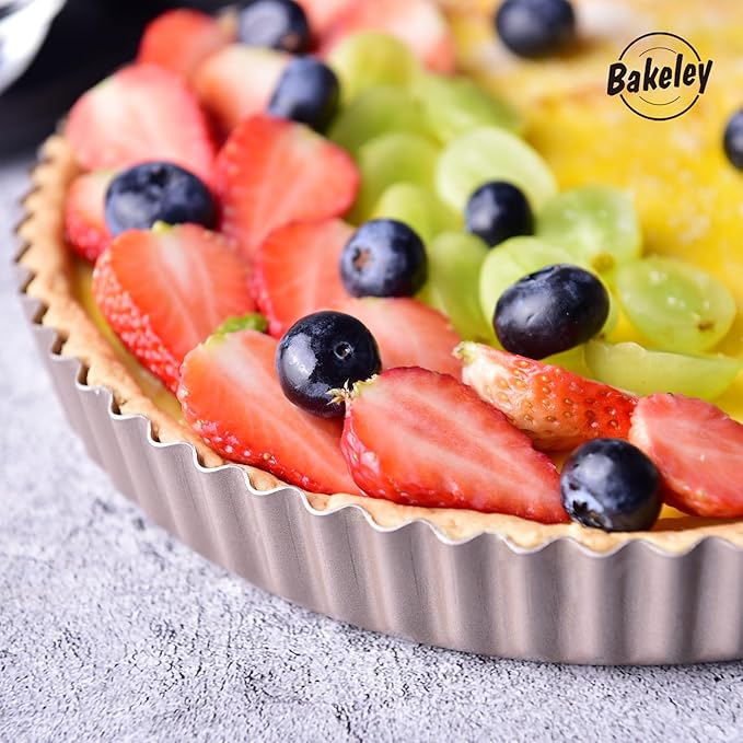 Bakeley 11-Inch Round Tart Pan with Loose Removable Bottom, Non-Stick Carbon Steel Quiche Pan for Oven Baking (Champagne Gold)