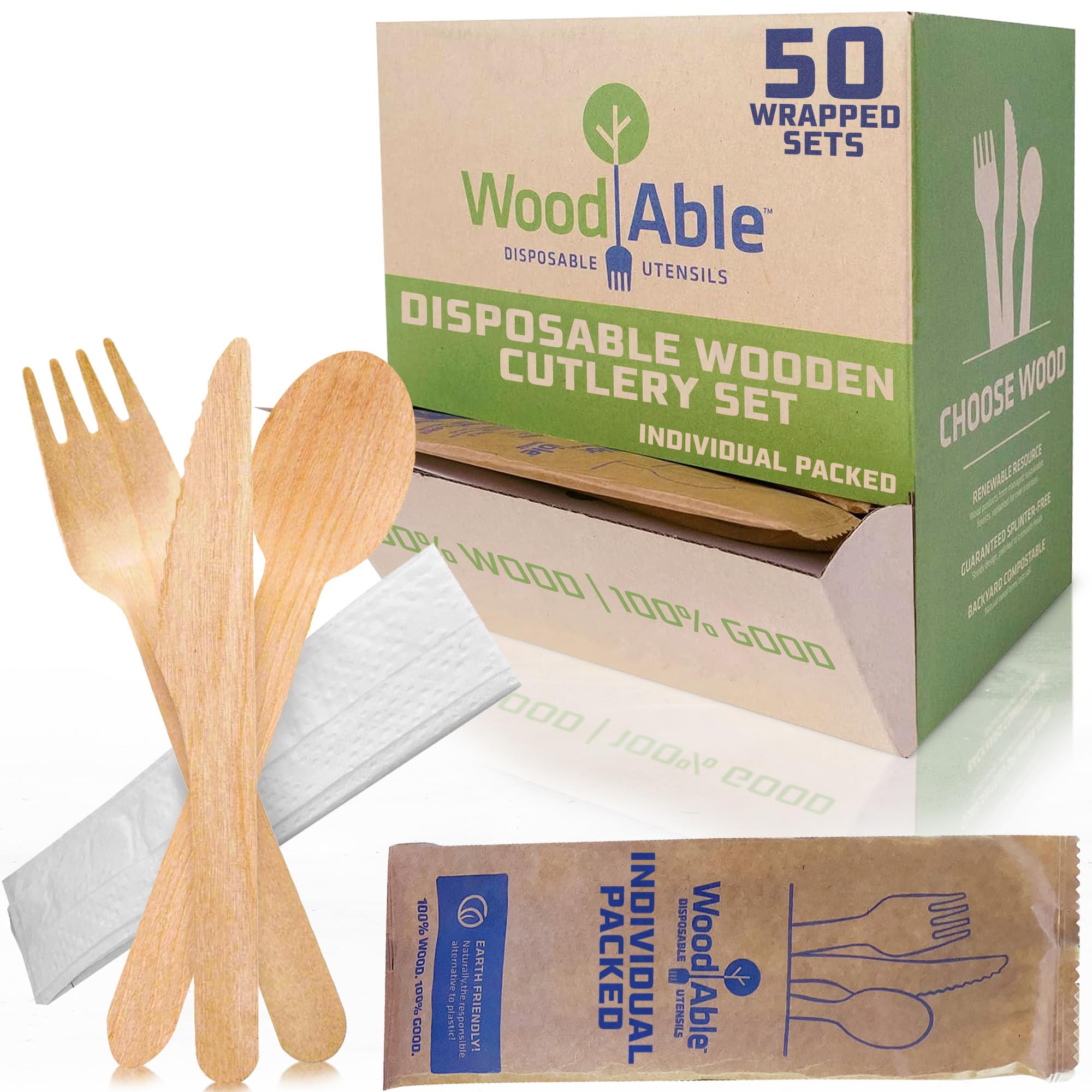 WOODABLE Disposable & Backyard Compostable Wrapped Wooden Cutlery Set, Eco-Friendly, Sustainable, Organic, Biodegradable, Vegan-Friendly, 50 packs with knife, fork, spoon and napkin, 150 Utensils.
