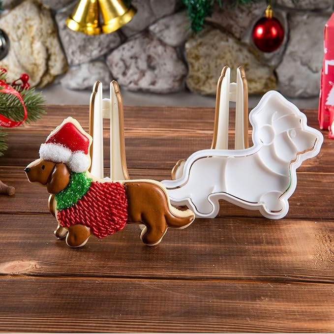 Flycalf Christmas Cookie Cutters Dachshund Shapes with 3D Stamper Fall Holiday PLA Baking Accessories Cutter Molds Gifts for Kids Decorative Party 3.5" Kitchen Cake Supplies