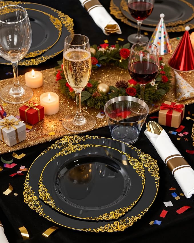Nervure 350Pcs Black Plastic Plates, Plastic Dinnerware Set for 50 Guests