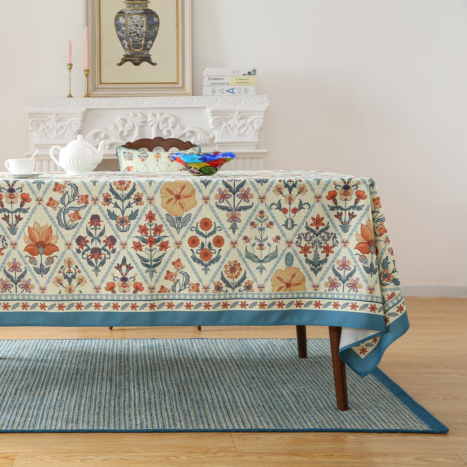 ISAENNE Designer Elegant Linen Rectangular Tablecloth,110"x63"-Floralsea A