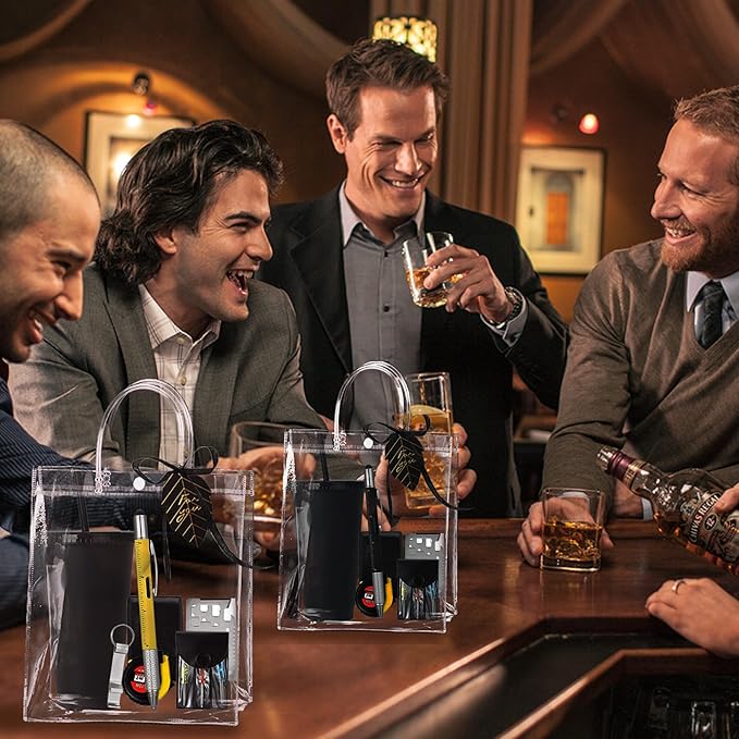 Baby Shower Prizes for Men - 6 Pack Complete Game Prize Set for Dad & Male Guests - Includes Survival Card Tool, Tape Measure, Bottle Opener Keychain, Plastic Cups, Pens, Screwdrivers (BLACK)