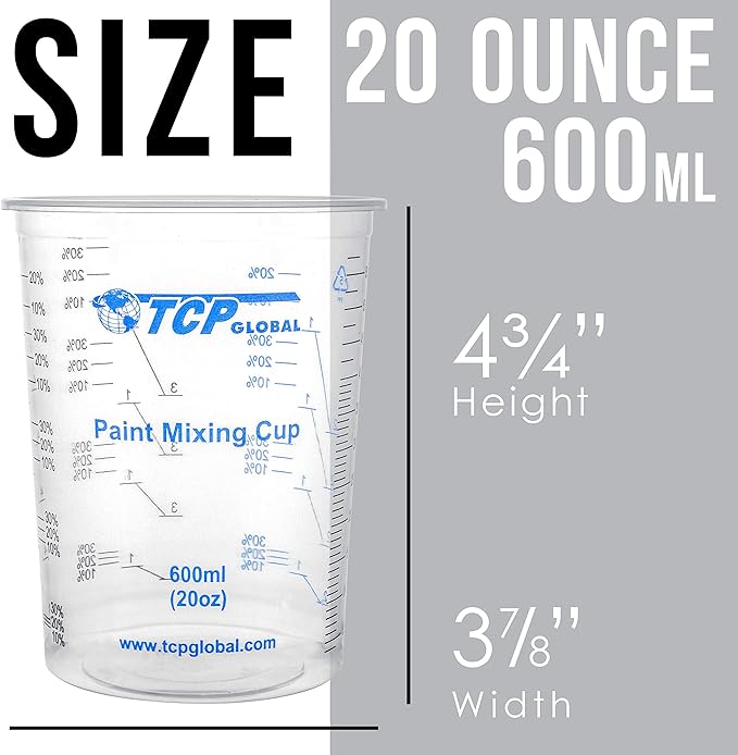 TCP Global 20 oz. (600ml) Graduated Plastic Mixing Cups - Box of 25 - Disposable Plastic Measuring Cups for Liquids, Paints, Resin, Epoxy, Art, Kitchen - Ratios 2-1, 3-1, 4-1 ML