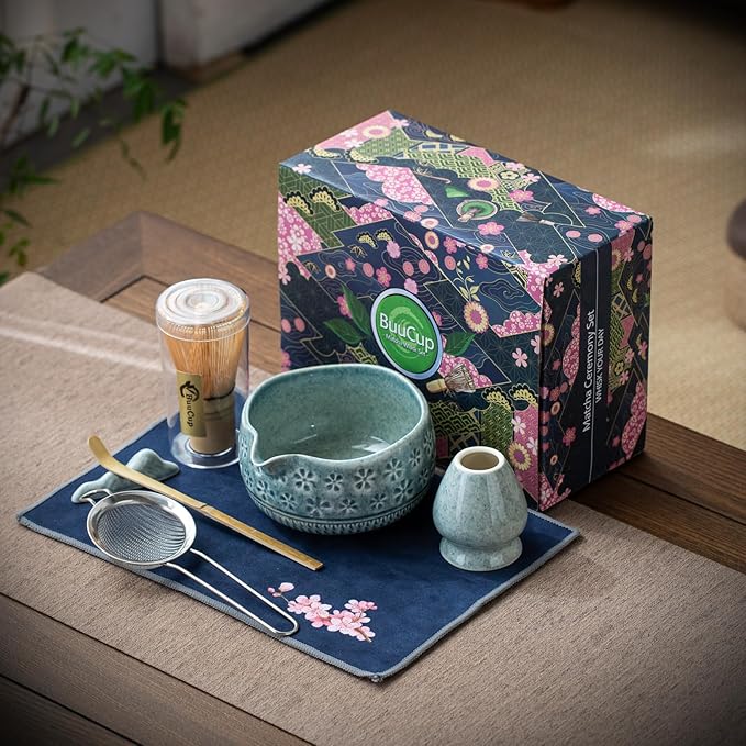 Buucup Blue Matcha Set, Ceramic Bowl Kit with Bamboo Whisk & Tools