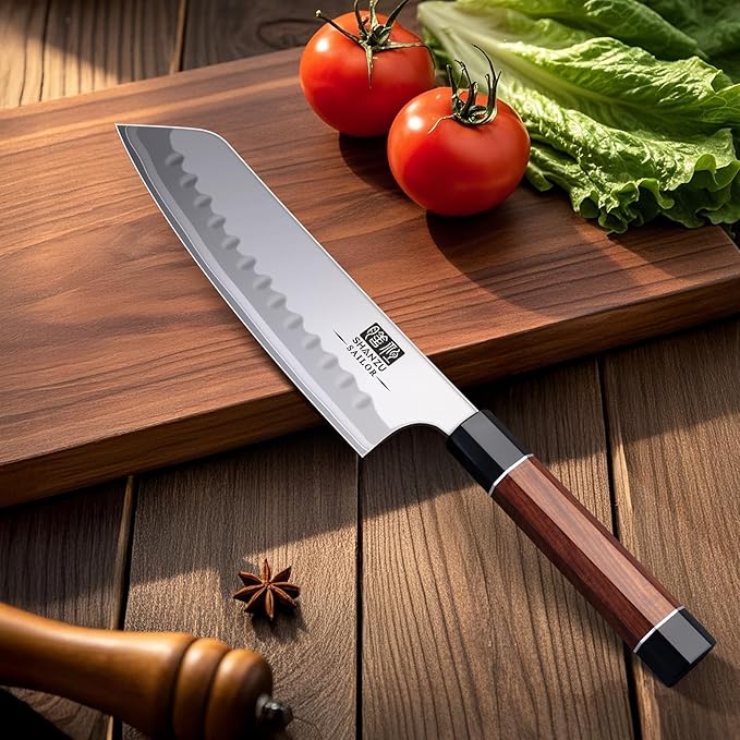 SHAN ZU 7 Inch Japanese Santoku Knife, 9 Layers 10Cr15MoV High Carbon Steel
