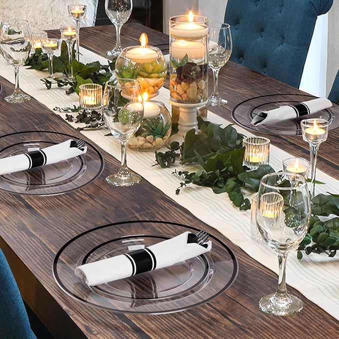 Goodluck 175 Pcs Clear Black Party Plates Cups Napkins Sets for 25 Guests