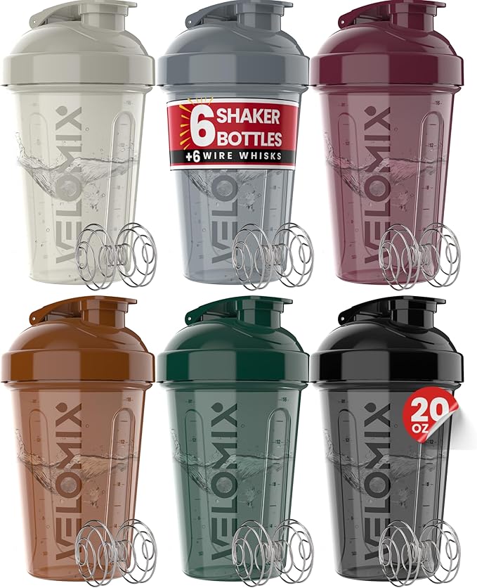VELOMIX 6 Pack 20oz Protein Shaker Bottle for Protein Mixes, Mood Tones