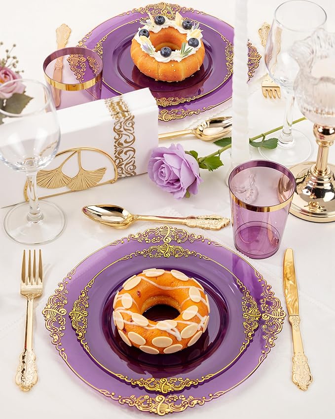 Nervure 350Pcs Purple Plastic Plates, Plastic Dinnerware Set for 50 Guests