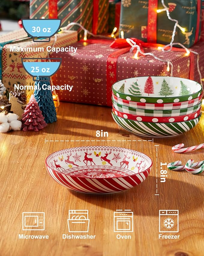 Metahom Christmas Pasta Bowl Set, 8 Inch Salad Serving Bowl, Wide and Shallow Bowl Plate for Kitchen, Dishwasher and Microwave Safe, Set of 6
