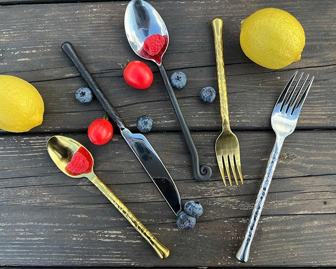 LINZOM Forged 20-Piece Matte Black Silverware Set, 18/10 Stainless Steel Flatware Service for 4, Rustic Black Flatware, Spoons Forks Set Home Kitchen Restaurant Housewarming, Dishwasher Safe
